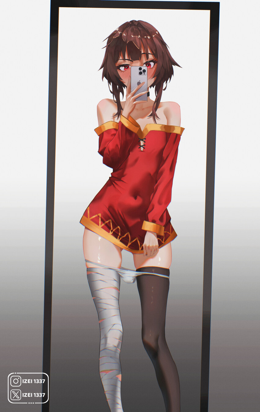 1girl absurdres ass visible through thighs bandaged leg bandages bare shoulders black choker black thighhighs blush brown hair cellphone choker comme…