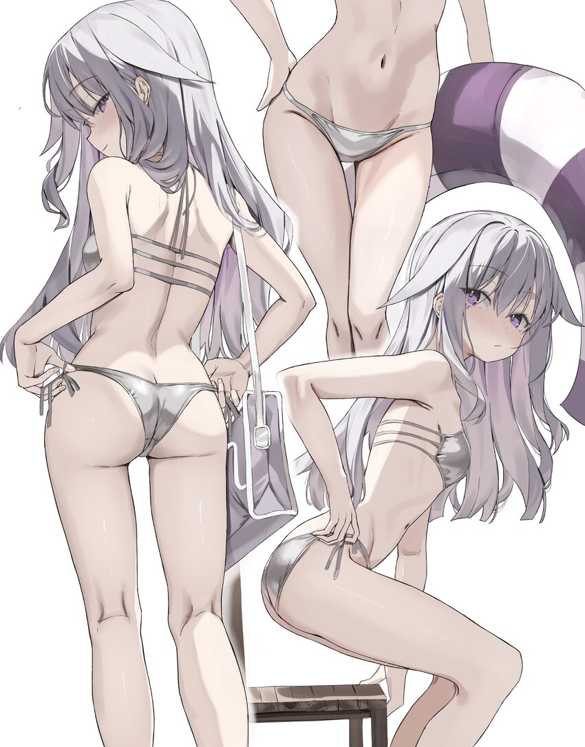 1girl absurdres ass back bag bare arms bare shoulders bikini blush breasts butt crack chair closed mouth commentary from behind grey bikini grey hair…