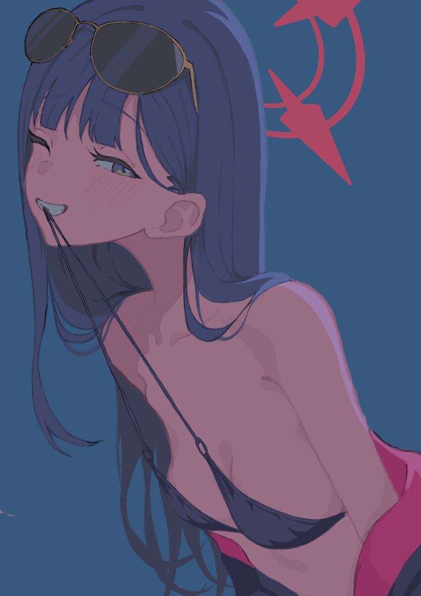 1girl bikini bikini in mouth black bikini black hair black jacket blue archive blue background blunt bangs blush breasts clothes in mouth collarbone …