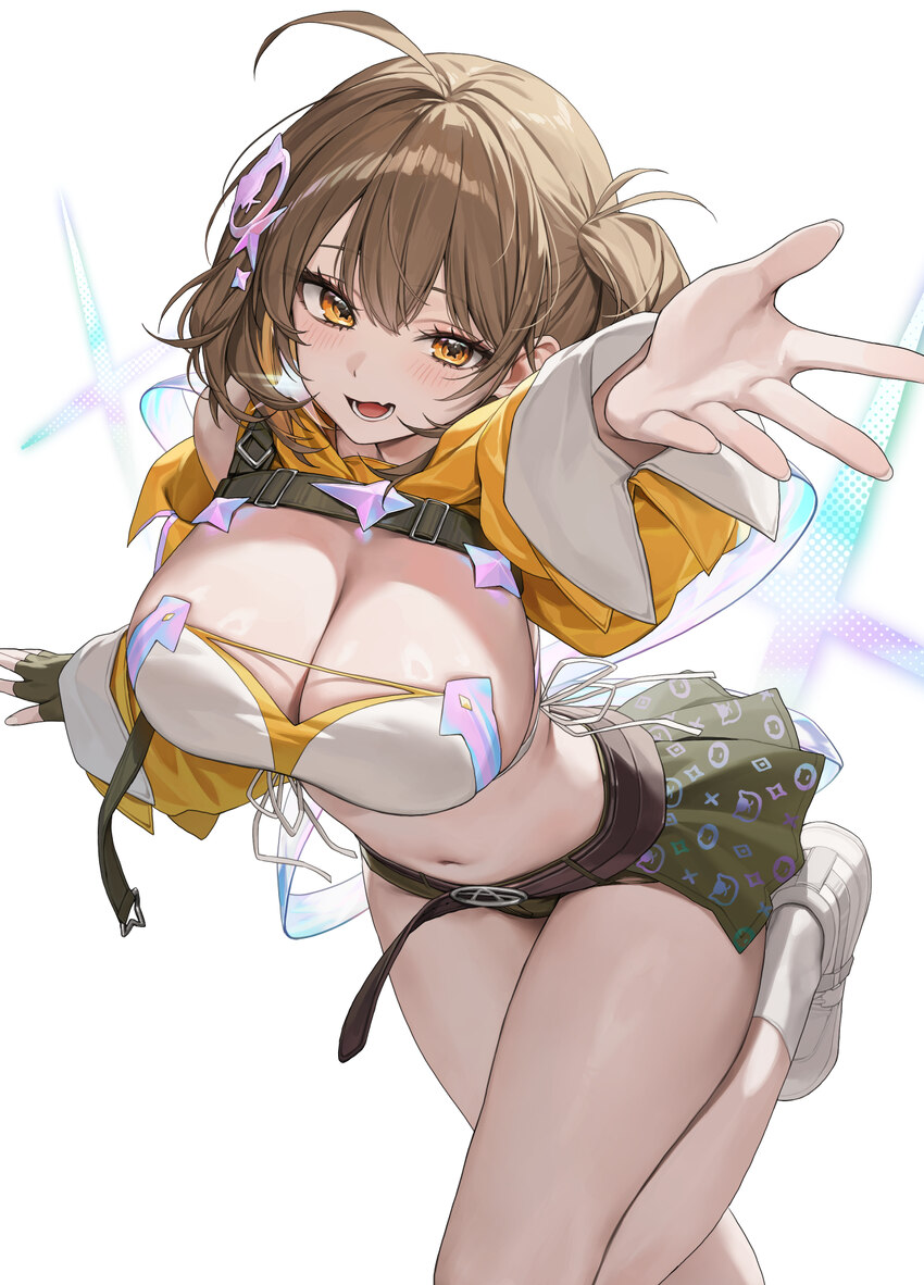 1girl absurdres anis (nikke) anis (star) (nikke) bandeau breasts brown hair cat hair ornament cat ornament chest strap cleavage clothing cutout comme…