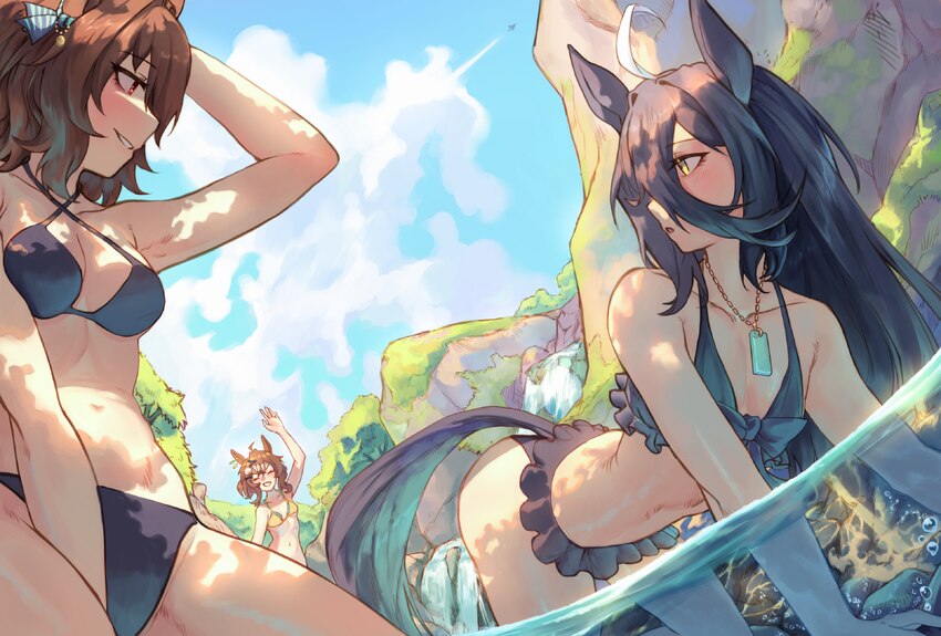 3girls agnes tachyon (umamusume) ahoge all fours animal ears arm up bahhkarh bikini black bikini black hair blue sky blush braid breasts brown hair c…