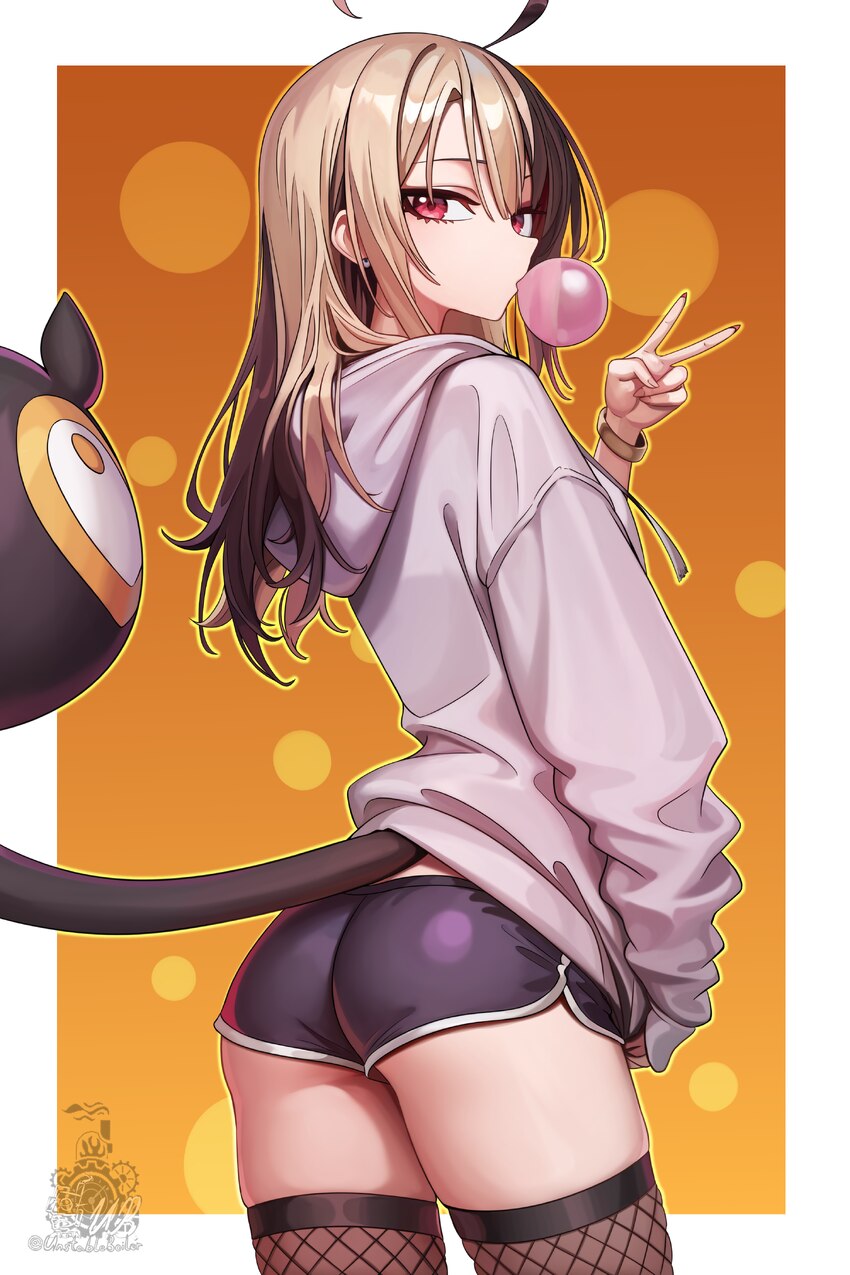1girl absurdres ahoge ass black shorts black thighhighs blowing bubble gum bracelet brown hair chewing gum commentary dolphin shorts english commenta…