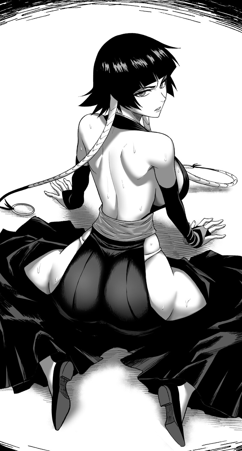 1girl absurdres alternate breast size (larger) ass ass focus back backless outfit bare back bare shoulders black hair black sleeves bleach breasts cl…