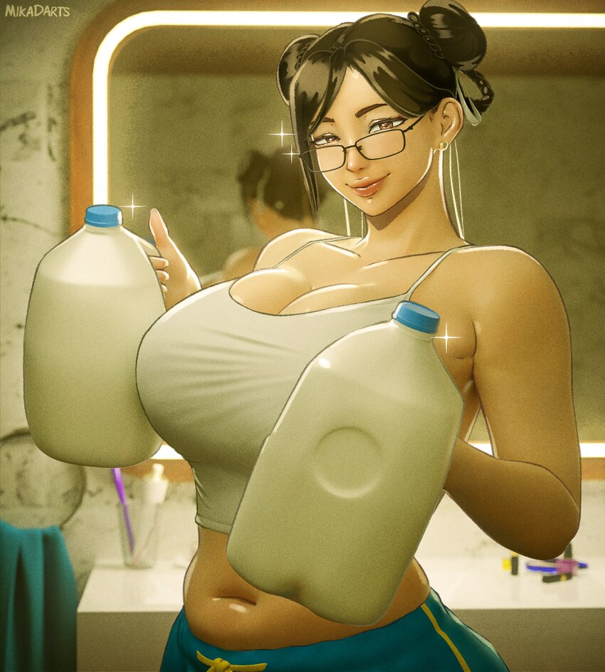 1girl absurdres artist name bathroom breasts brown eyes camisole chun-li cleavage collarbone commentary crop top double bun double entendre drink car…