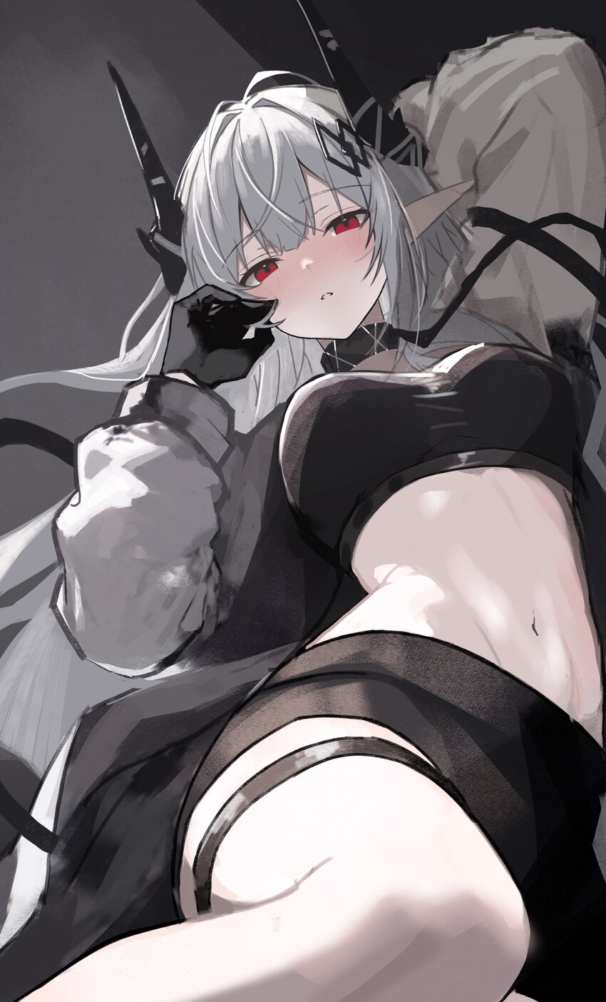 1girl absurdres arknights arm behind head black choker black gloves black horns black shirt black skirt breasts choker cropped shirt diamond hair orn…