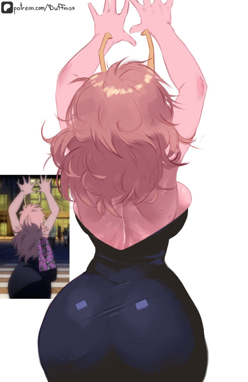 1girl absurdres alternate breast size (larger) arms up artist name ashido mina black dress boku no hero academia breasts colored skin commentary curv…