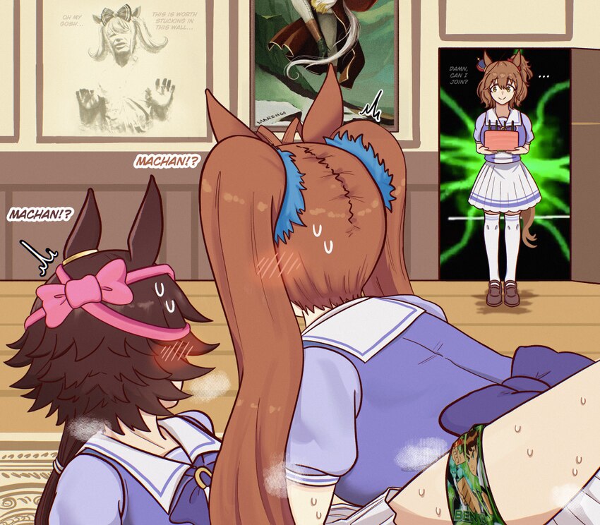 4girls agnes digital (umamusume) animal ears aston machan (umamusume) ben 10 birthday cake bow bowtie breasts brown eyes brown hair brown shoes cake …