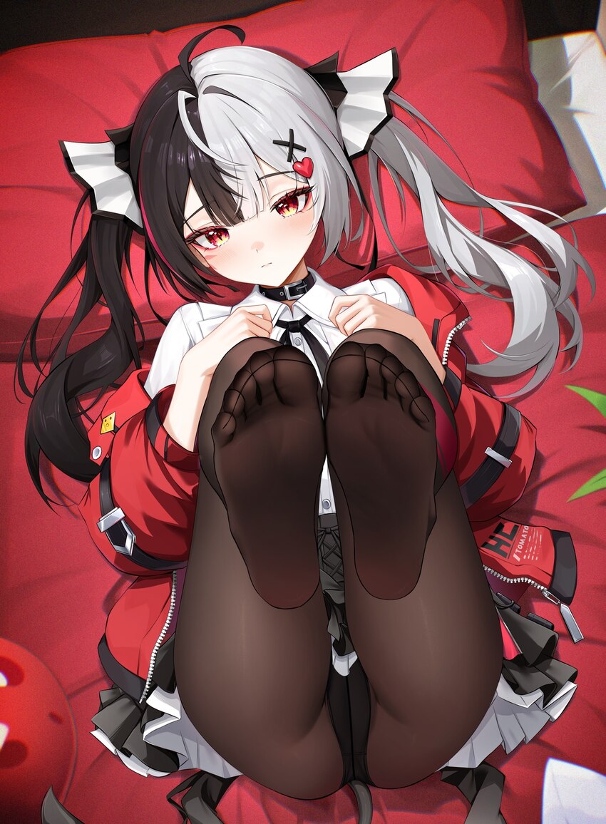1girl ahoge belt collar black corset black hair black panties black skirt blush closed mouth collar collared shirt commentary corset crotch seam demo…