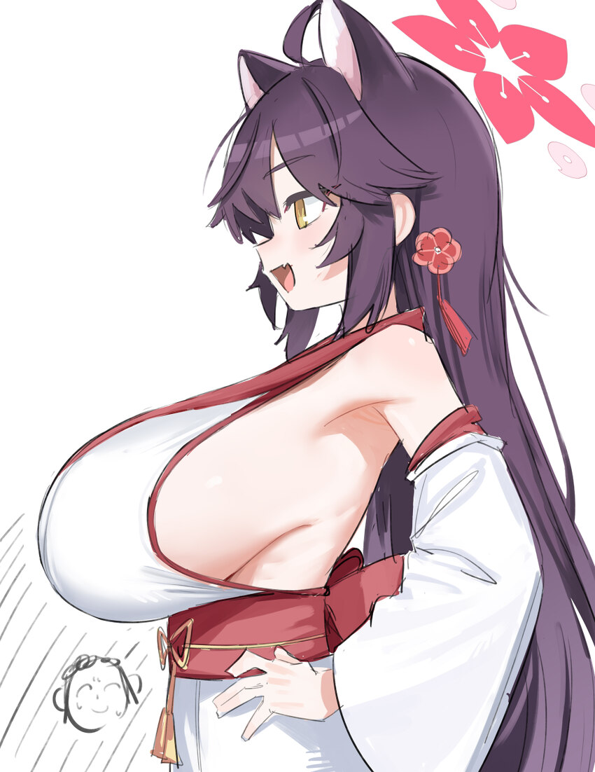 1girl absurdres ahoge alternate hairstyle animal ears blue archive breasts detached sleeves doodle sensei (blue archive) extra ears fang from side ha…