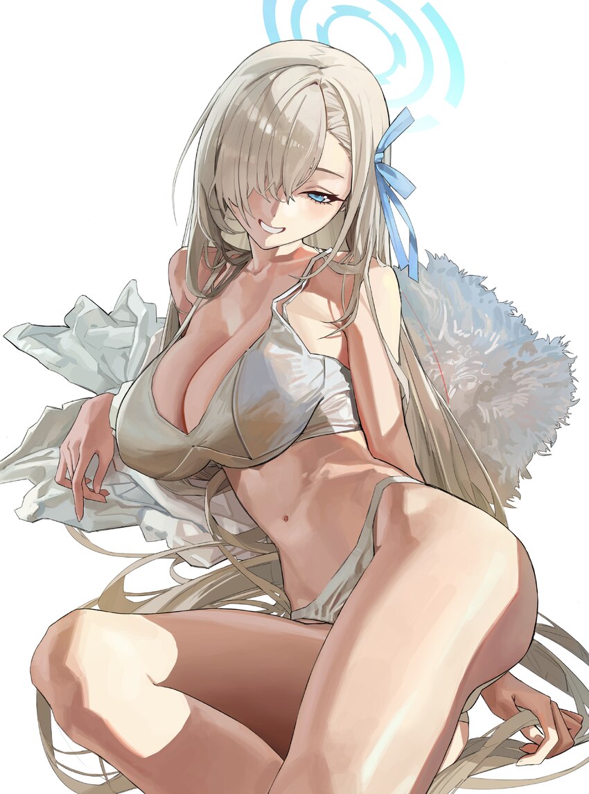 1girl absurdres asuna (blue archive) blonde hair blue archive blue eyes blue halo bra breasts cleavage commentary grin hair over one eye halo highres…