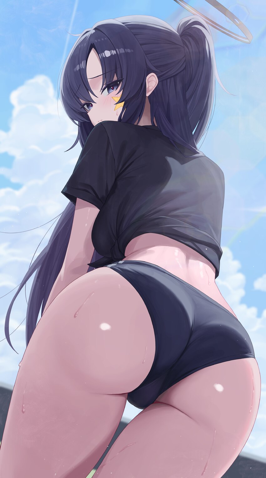 1girl absurdres alternate costume ass ass focus black shirt blue archive blue buruma blush breasts buruma closed mouth commentary day from behind fro…