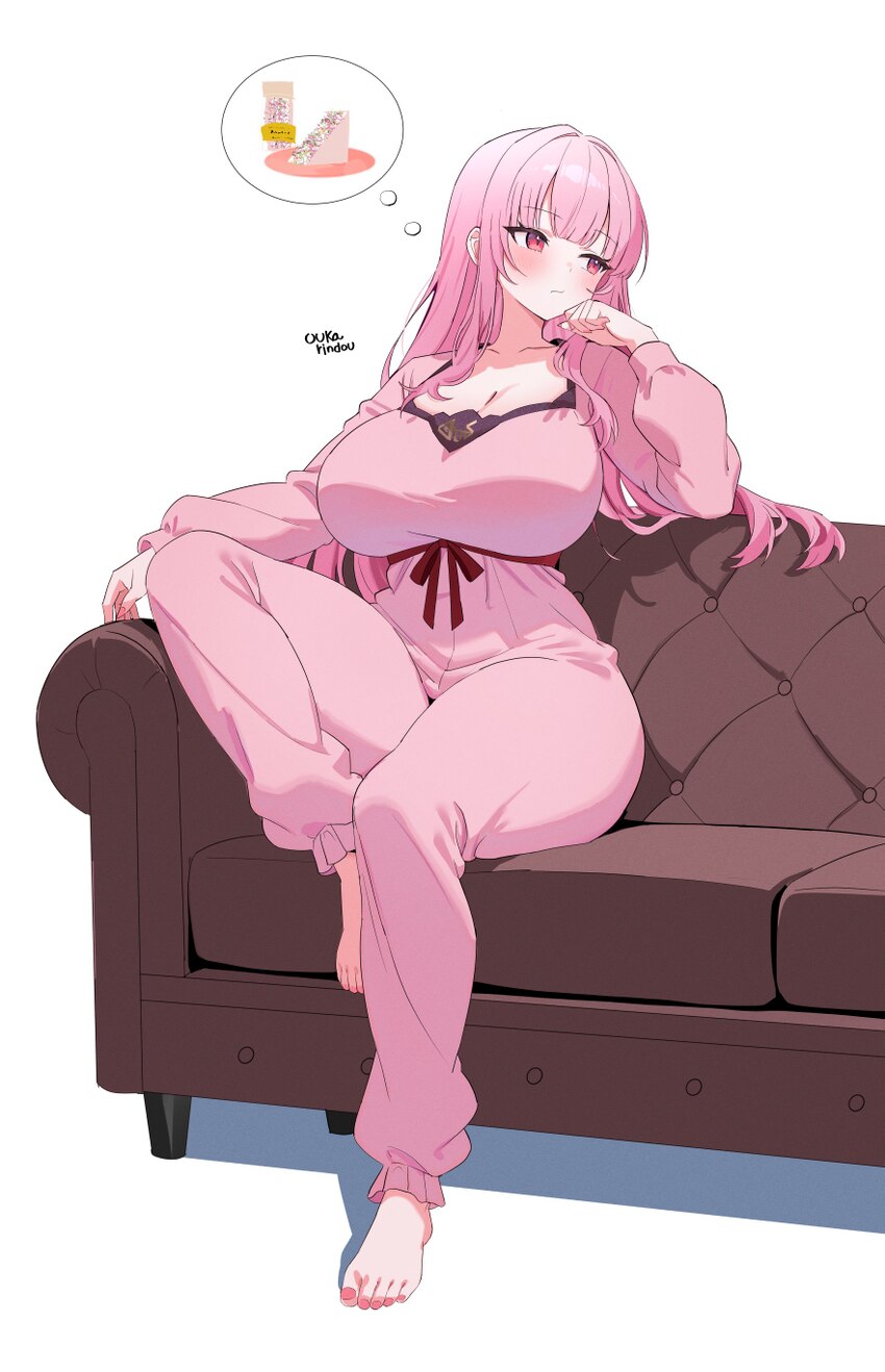 1girl absurdres artist name barefoot blush breasts cleavage closed mouth commentary couch english commentary feet fingernails food highres hololive h…