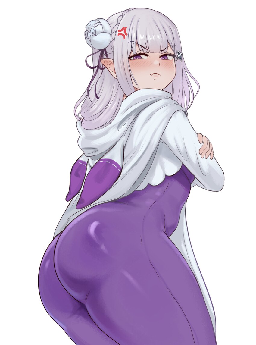 1girl absurdres anger vein angry ass blush bodysuit brikot cloak closed mouth commentary elf emilia (re zero) floating hair flower frown hair ribbon …