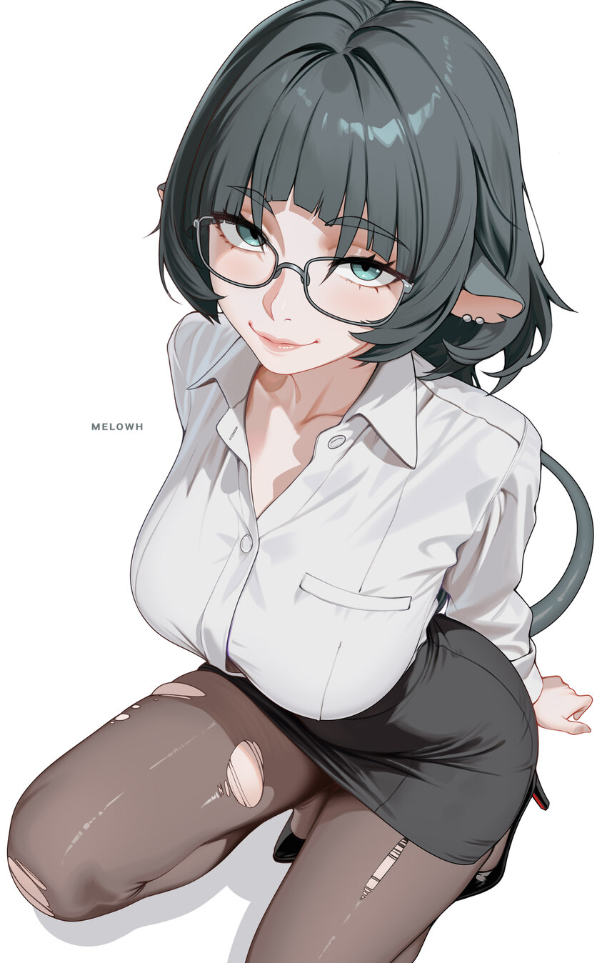 1girl absurdres animal ears artist name black hair black skirt breasts brown pantyhose commentary dress shirt earrings english commentary from above …