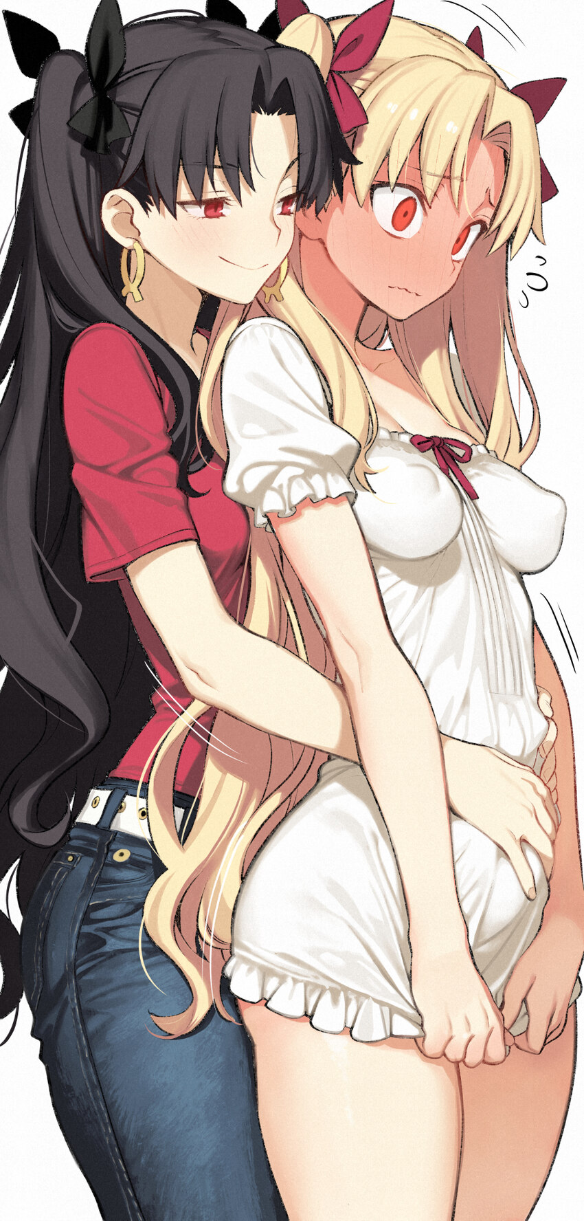 2girls absurdres alternate costume belt black hair blonde hair blush bow breasts commentary covered nipples denim dress earrings ereshkigal (fate) fa…