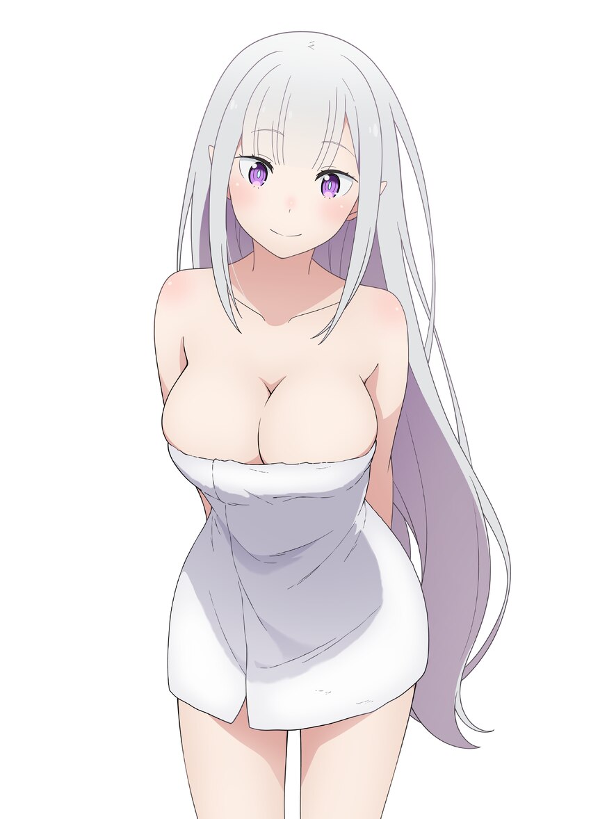 1girl absurdres arms behind back blue pupils breasts cleavage closed mouth coro fae elf emilia (re zero) grey hair highres large breasts looking at v…