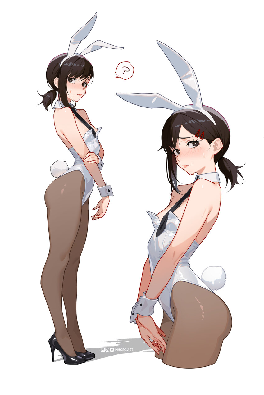 1girl ? animal ear hairband animal ears bare arms bare shoulders black necktie black shoes blush brown pantyhose chainsaw man closed mouth commentary…