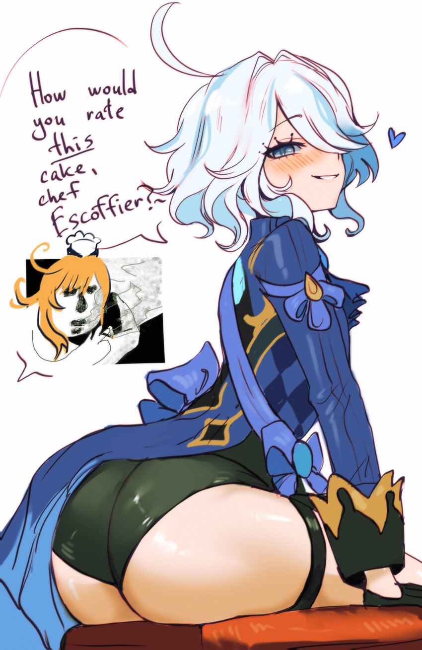 1girl absurdres ahoge ass blue eyes blush colored inner hair commentary english commentary english text escoffier (genshin impact) from behind furina…