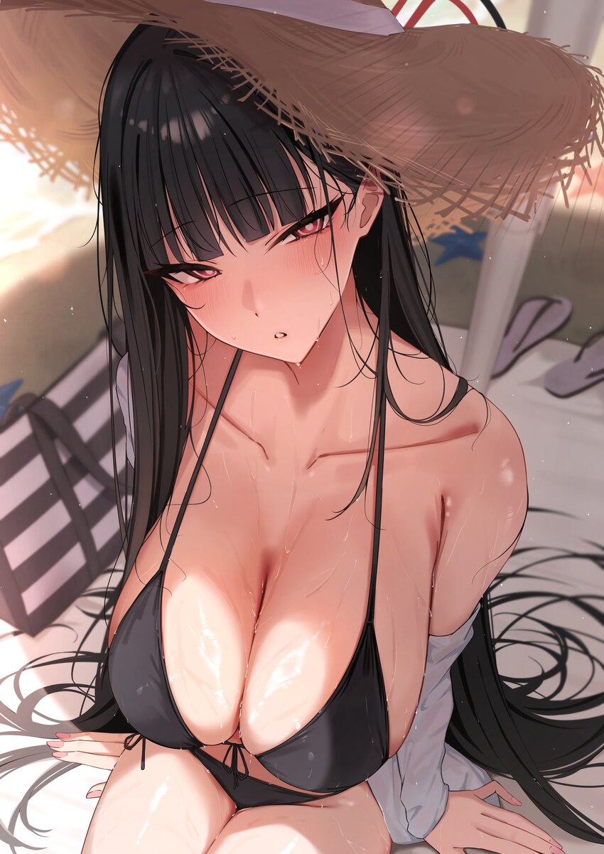 1girl alternate costume bare legs bikini black bikini black hair blue archive blunt bangs breasts cleavage collarbone commentary cowboy shot from abo…