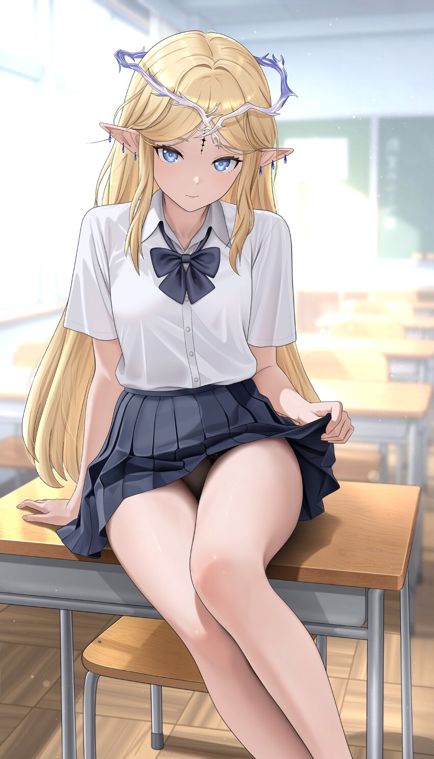 1girl absurdres alternate costume black bow black bowtie black panties black skirt blonde hair blue eyes bow bowtie cartethyia (wuthering waves) clas…
