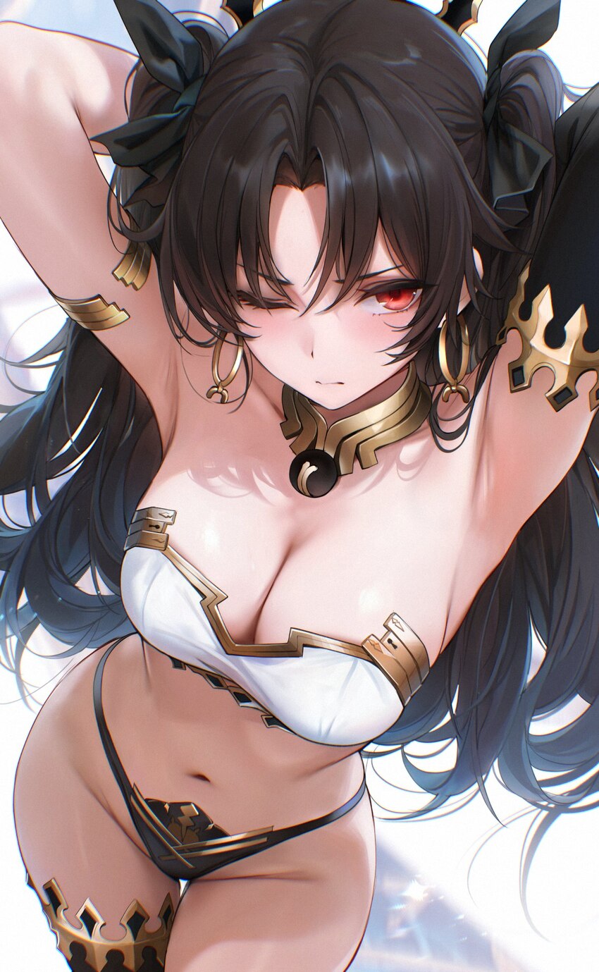 1girl alternate breast size (larger) armlet armor armpits arms behind head arms up bandeau bare hips bare shoulders bikini armor black hair blush bre…