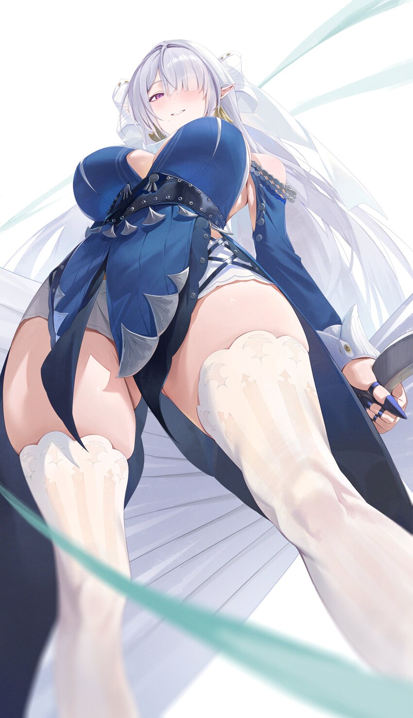 1girl absurdres blue dress breasts commentary dress from below hair over one eye hand fan highres holding holding fan large breasts long hair pointy …