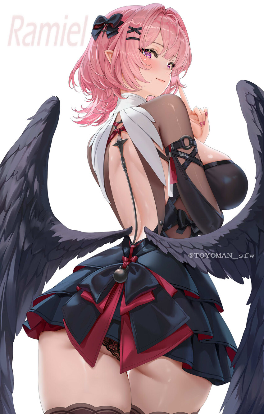 1girl ass ass peek black bow black thighhighs black wings blush bow breasts character name closed mouth commentary from behind hair bow hair intakes …