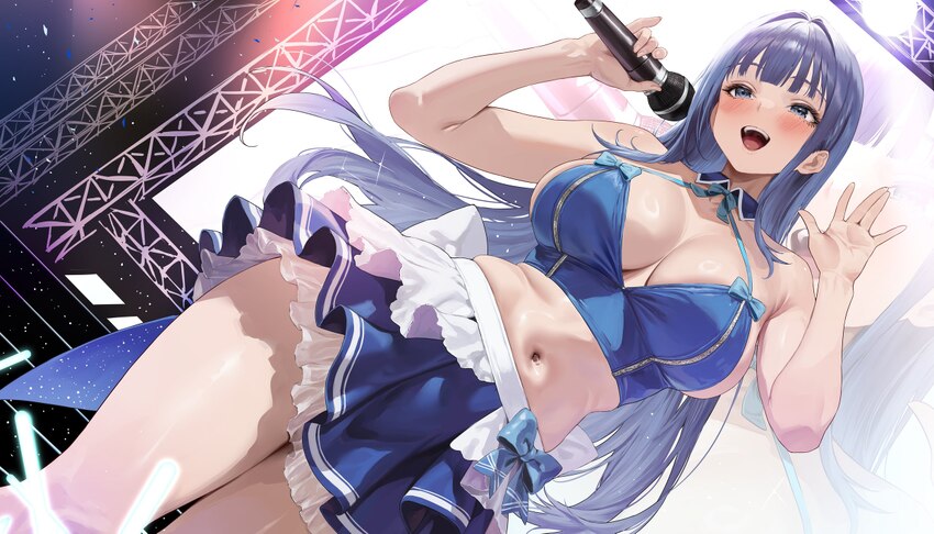 1girl alternate costume aoi sakura (seak5545) arcana (nikke) bare shoulders blue bow blue eyes blue skirt blush bow breasts commentary request dutch …