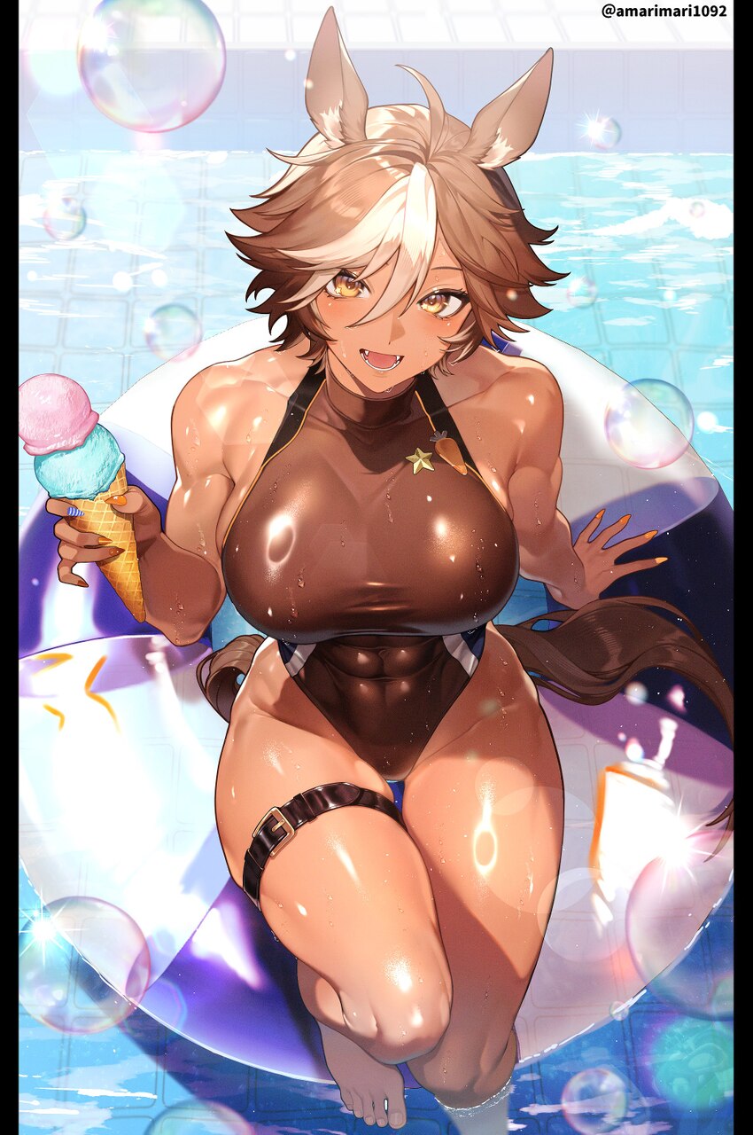 1girl absurdres ahoge amarimari1092 animal ears bare shoulders barefoot belt blue nails breasts brown eyes brown hair brown one-piece swimsuit commen…