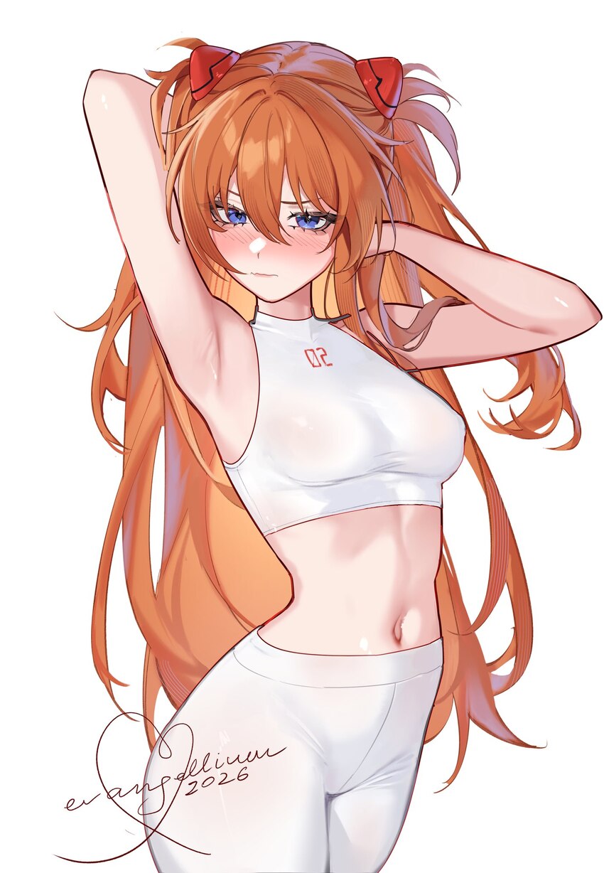 1girl alternate costume armpits arms up blue eyes breasts closed mouth commentary commission english commentary evangellium hands in own hair highres…