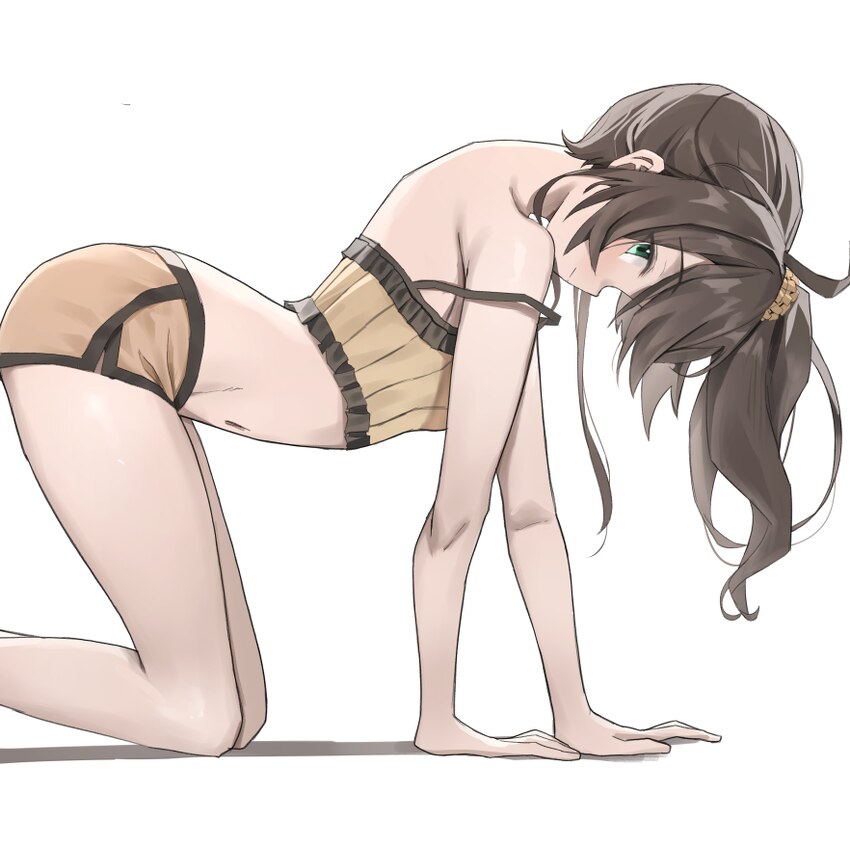1girl absurdres ahoge all fours aqua eyes arched back blush breasts brown hair camisole commentary dolphin shorts english commentary feet out of fram…