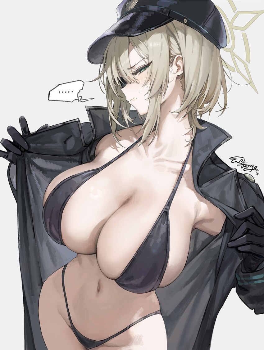 ... 1girl absurdres armpits bikini black bikini black coat black gloves blonde hair blue archive blush breasts cleavage closed mouth coat collarbone …