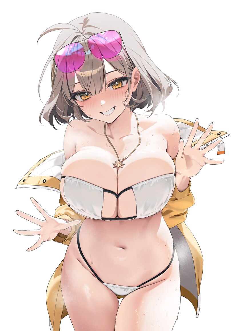 1girl absurdres anis (nikke) anis (sparkling summer) (nikke) bikini breasts brown hair eyepatch bikini eyewear on head goddess of victory  nikke high…