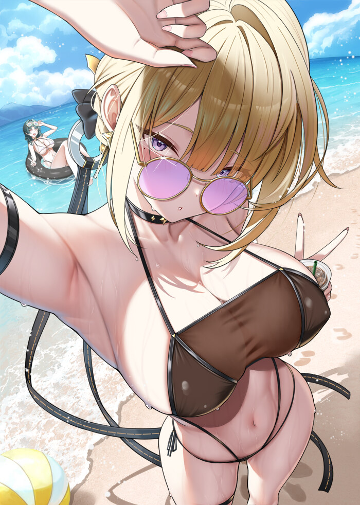 2girls astra yao bare shoulders beach bikini black bikini black hair blonde hair blue sky blush breasts choker cleavage commentary request earrings e…