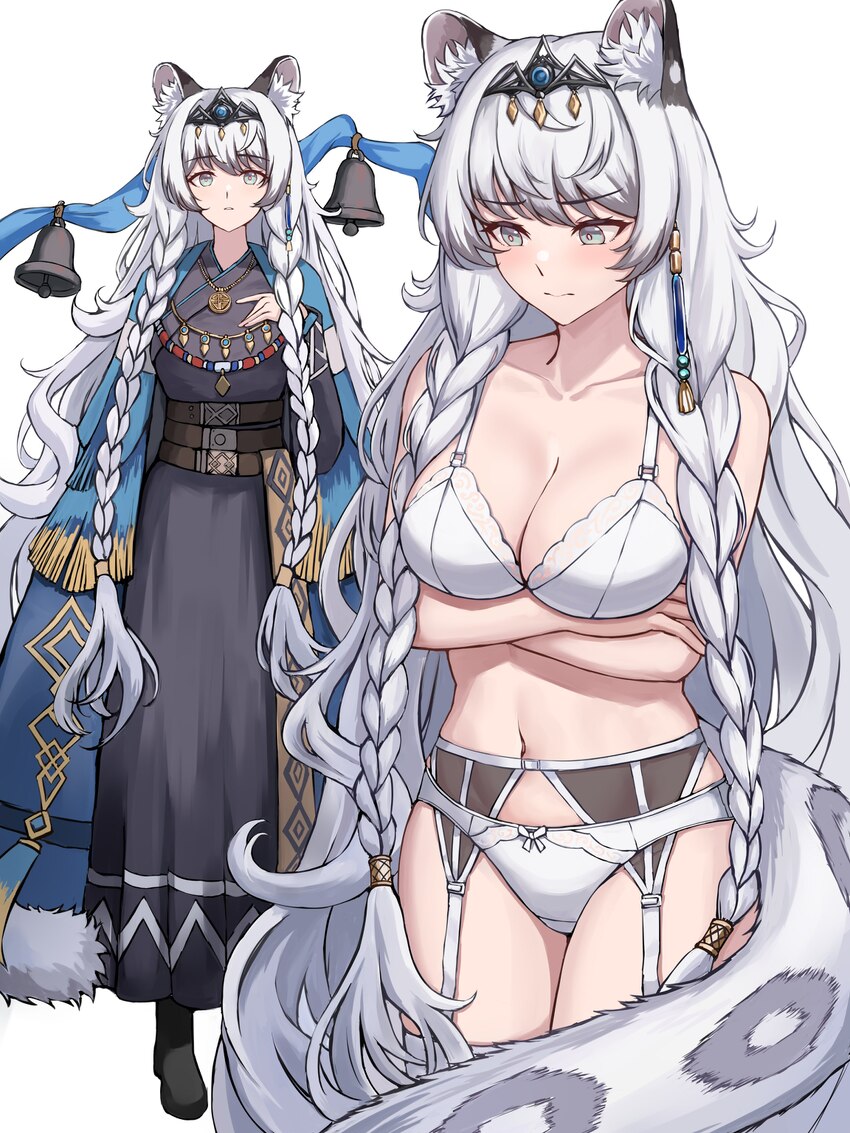 1girl absurdres animal ears arknights bell black dress blue cloak bra braid breasts cleavage cloak commentary crossed arms dress english commentary g…