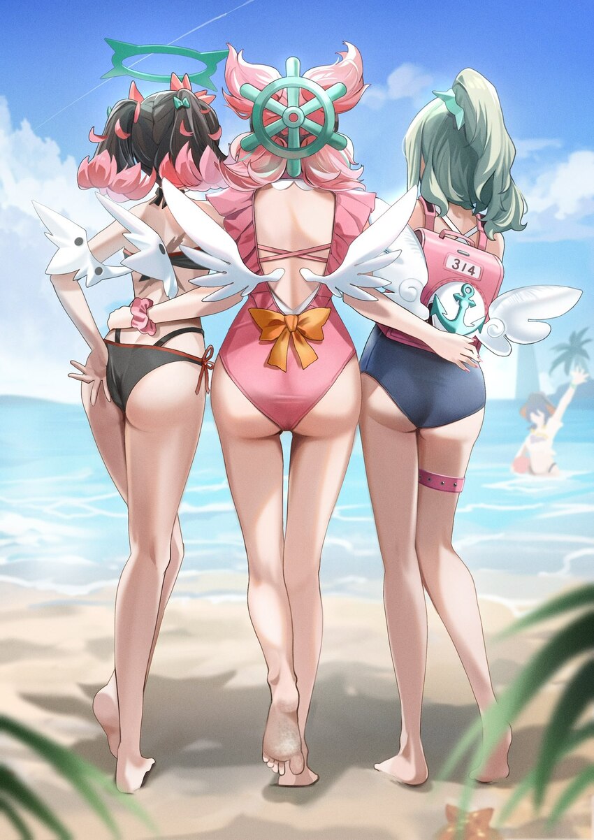 4girls achilles tendon angels of delusion ankle aria (human) (zenless zone zero) aria (zenless zone zero) ass backless swimsuit backpack bag barefoot…