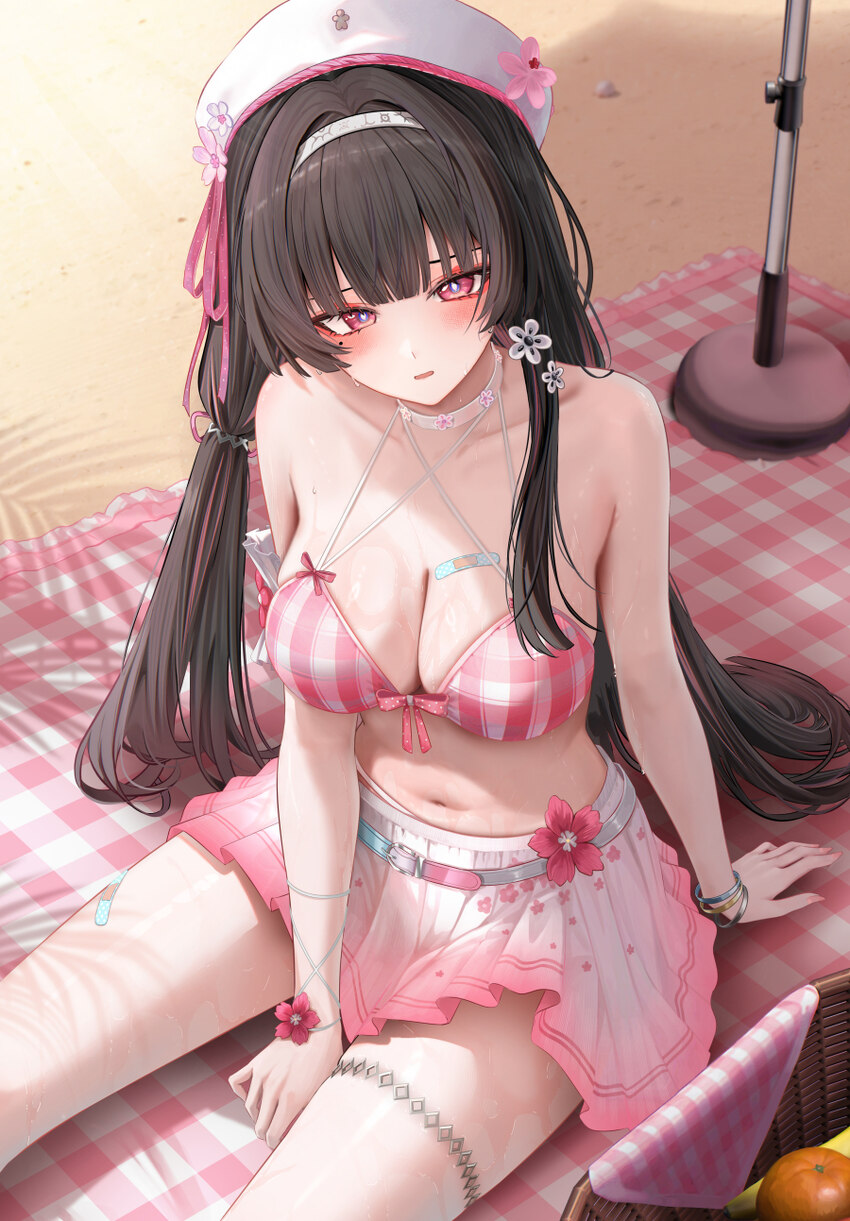 1girl bandaid bandaid on breast bandaid on leg bandaid on thigh beret bikini bikini skirt black hair blush breasts chisa (peach parfait) (wuthering w…