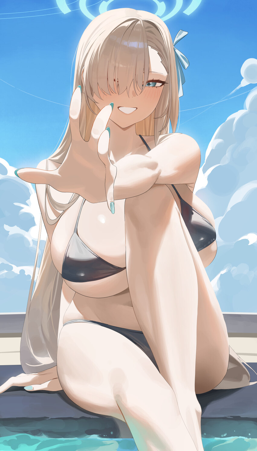 1girl absurdres alternate costume asuna (blue archive) bare shoulders bikini black bikini blonde hair blue archive blue eyes blue halo blue nails blu…