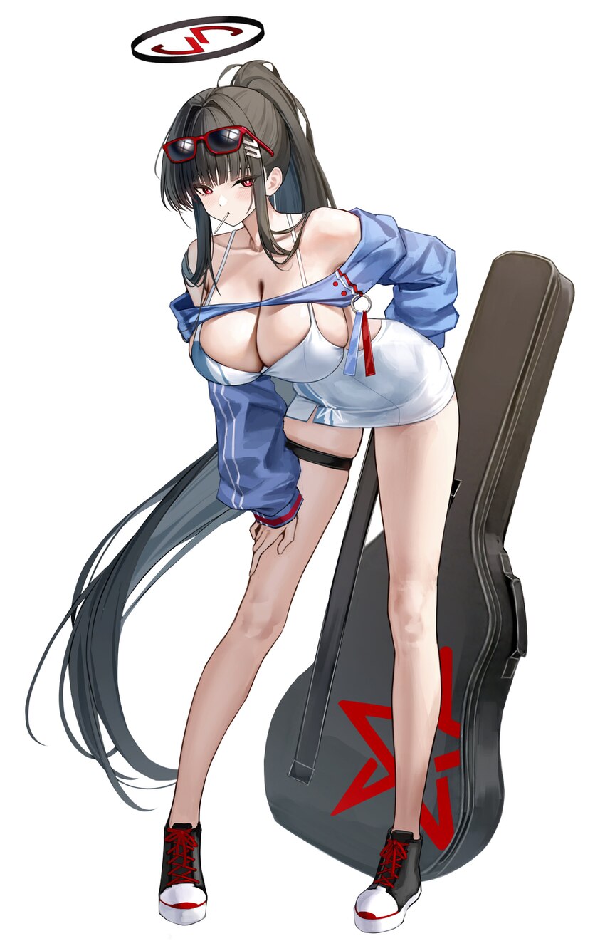 1girl absurdres alternate costume bare shoulders bent over black hair blue archive blush breasts bright pupils closed mouth collarbone commentary req…