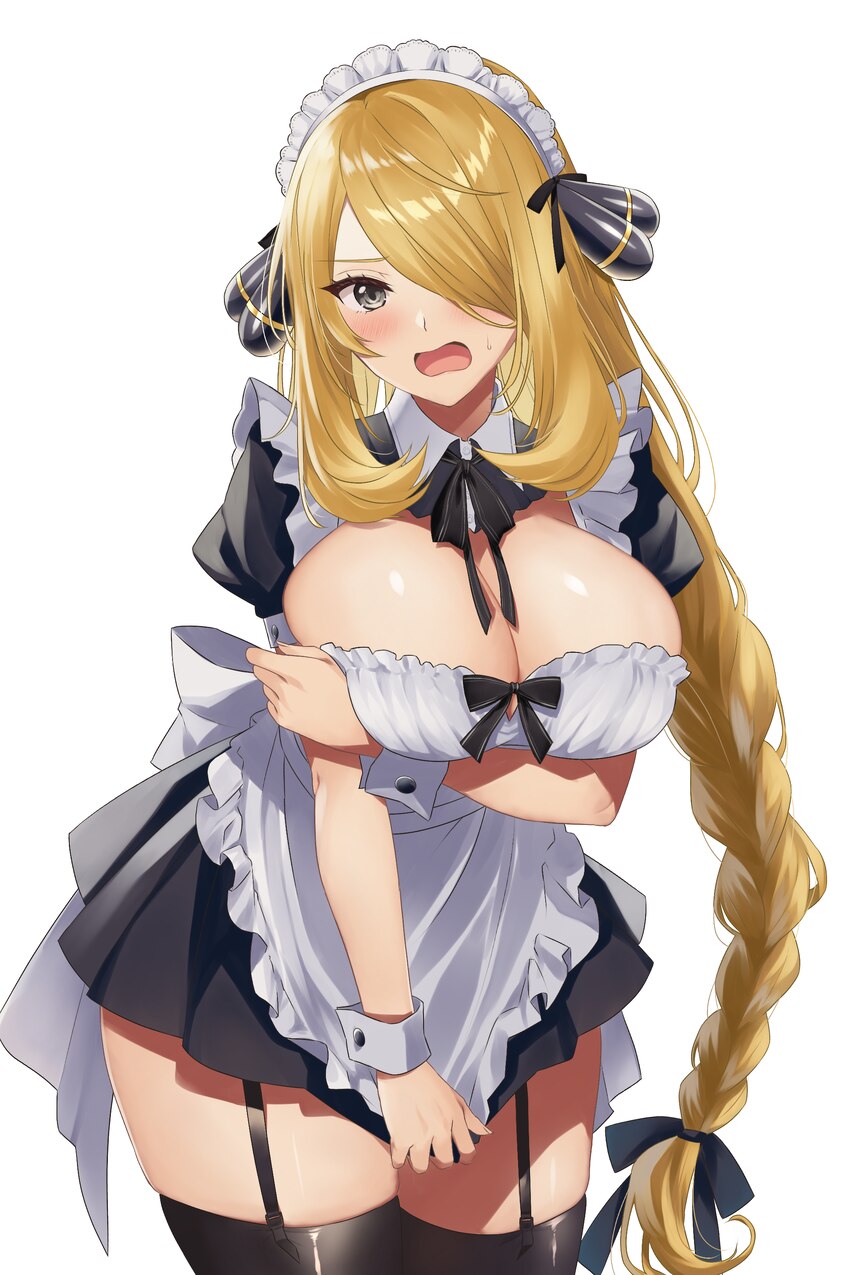 1girl absurdres alternate breast size (larger) apron arm under breasts black dress black ribbon black thighhighs blonde hair blush braid breasts clea…