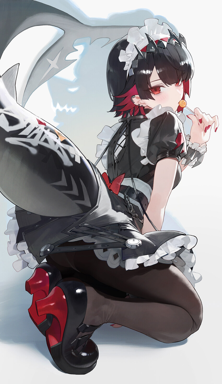 1girl absurdres black dress black hair blush breasts candy colored inner hair colored shoe soles commentary dress ellen joe fins fish tail food hairb…