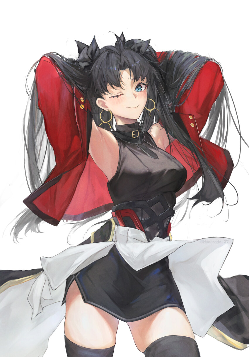 1girl absurdres adjusting hair armpits arms behind head arms up belt collar black hair black necktie black thighhighs blue eyes breasts closed mouth …