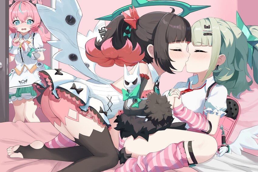3girls angels of delusion aqua streaks aria (human) (zenless zone zero) aria (zenless zone zero) arm warmers ass bag bare shoulders black hair blush …