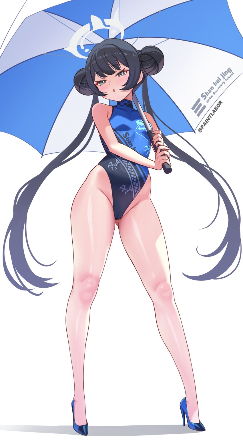 1girl absurdres bare shoulders black hair blue archive blue leotard blue shoes blush braid braided bun commentary double bun english commentary flat …