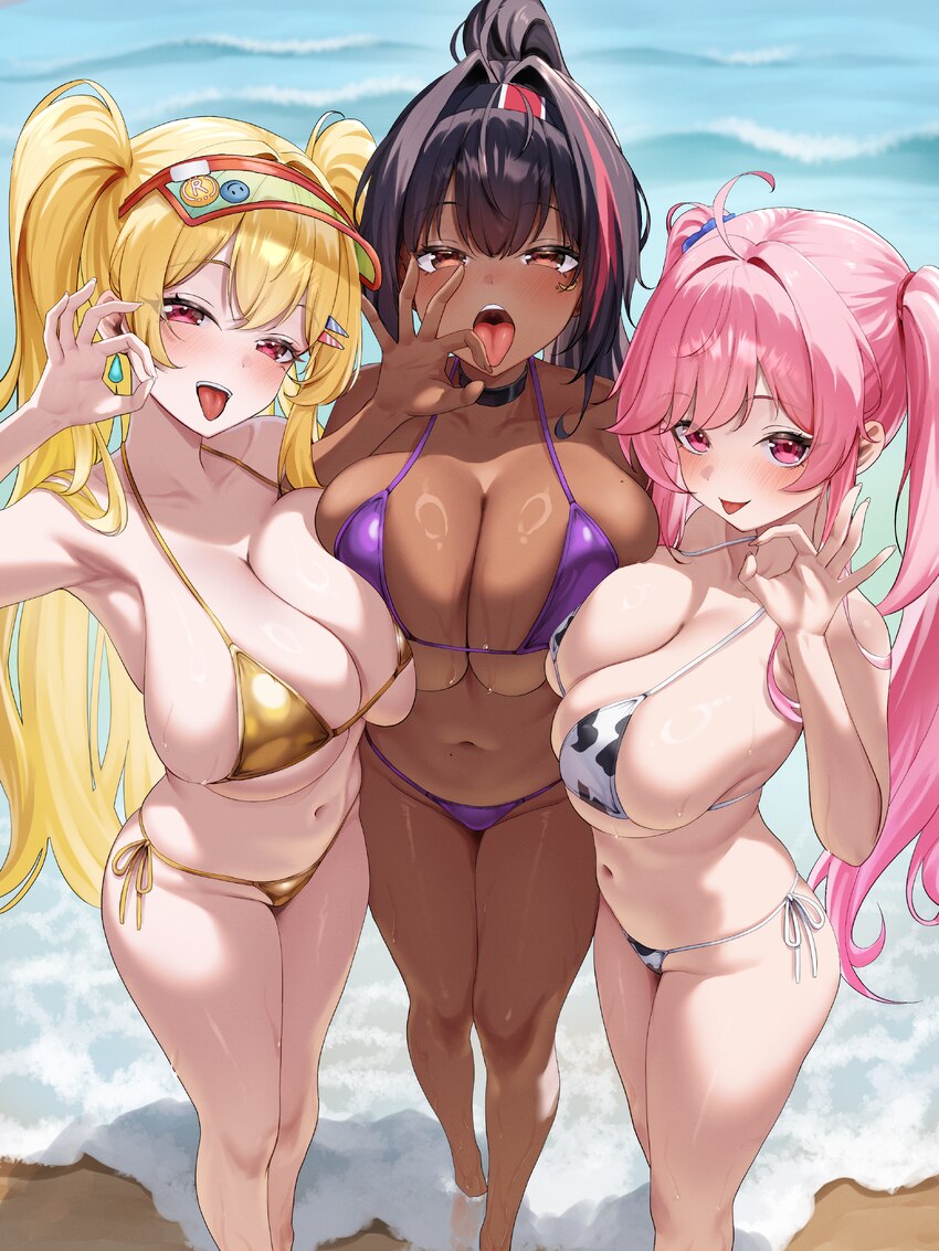 3girls 4ddd absurdres ahoge animal print badge bare shoulders barefoot bay (nikke) beach bemani bikini black hair blonde hair blush breasts brown eye…
