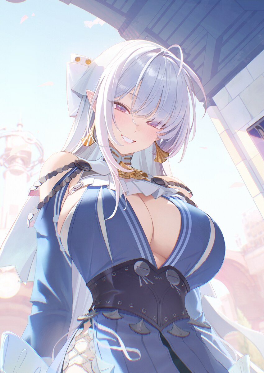 1girl absurdres ascot blue dress breasts cleavage commentary request dress earrings grey hair highres hyeon sungshin jewelry korean commentary large …