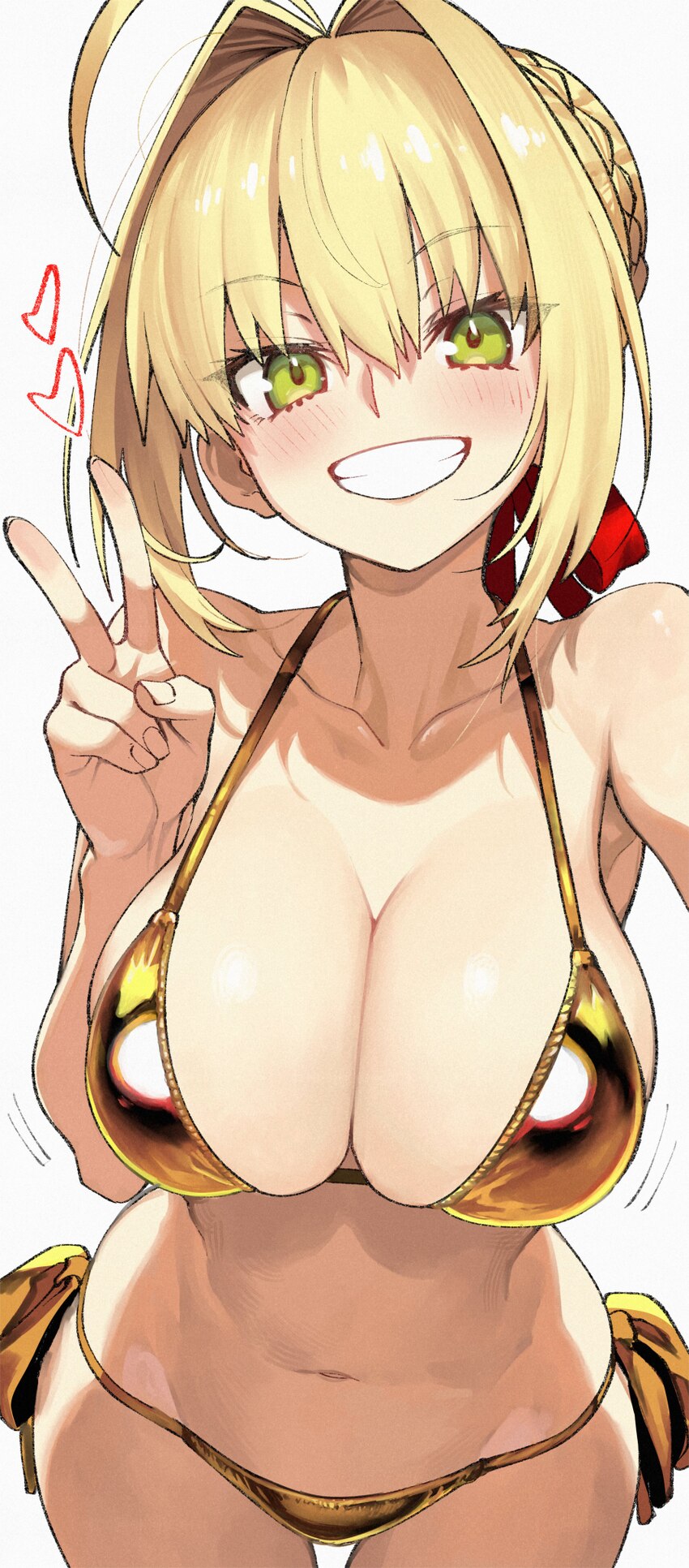 1girl absurdres ahoge bikini blonde hair braid braided base breasts bun with braided base cleavage commentary fate/extra fate/extra ccc fate/grand or…