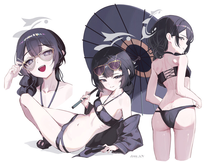 1girl absurdres adjusting eyewear artist name bikini black bikini black hair black robe blue archive braid braid over shoulder breasts butterfly hair…