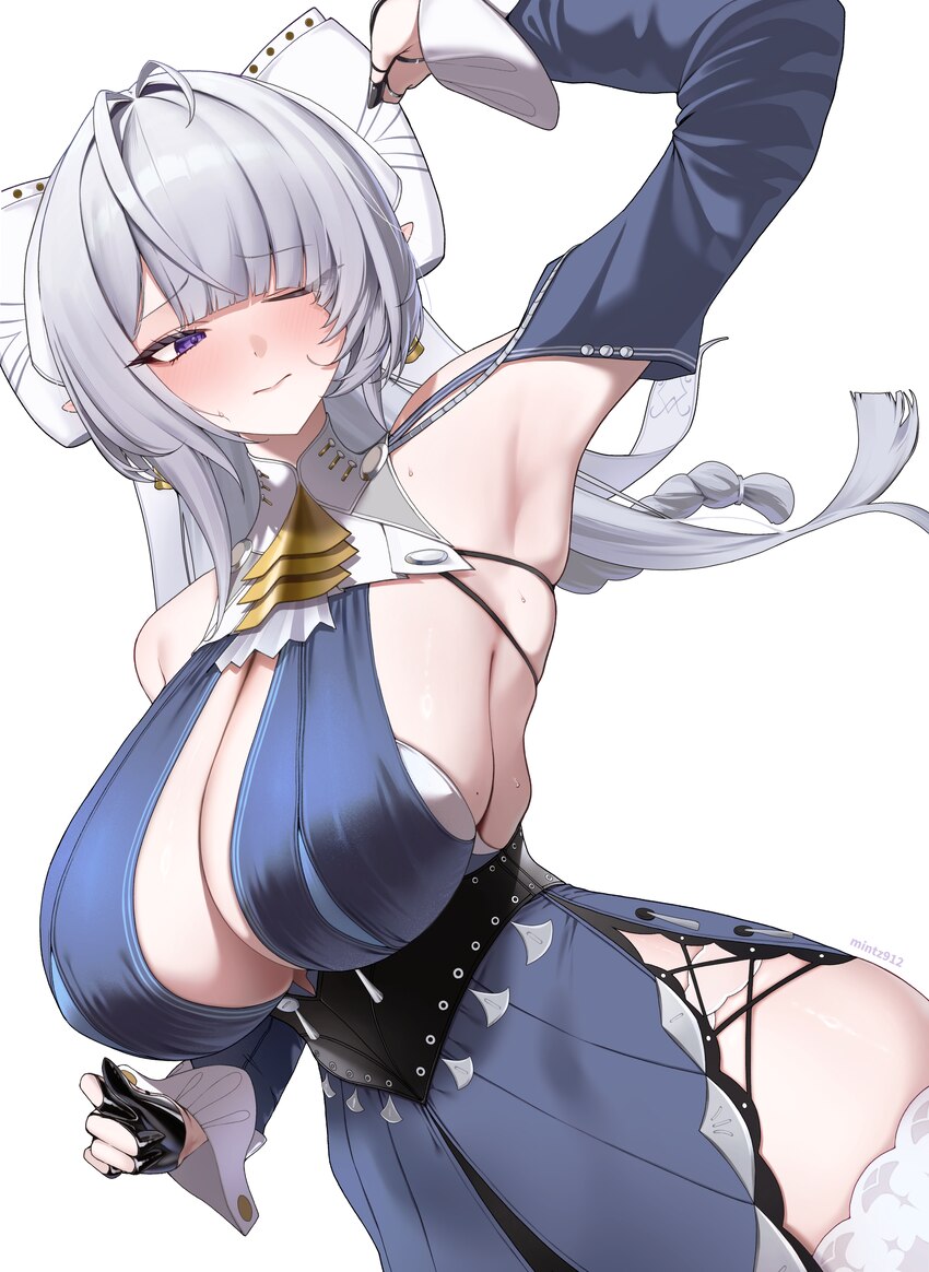 1girl absurdres armpits artist name black gloves blue sleeves blunt bangs bow breasts closed mouth commentary detached sleeves fingerless gloves glov…