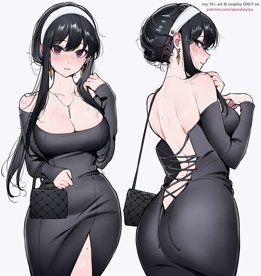 1girl absurdres ass back bag bare shoulders black bag black hair black sleeves blush breasts cleavage closed mouth collarbone commentary detached sle…